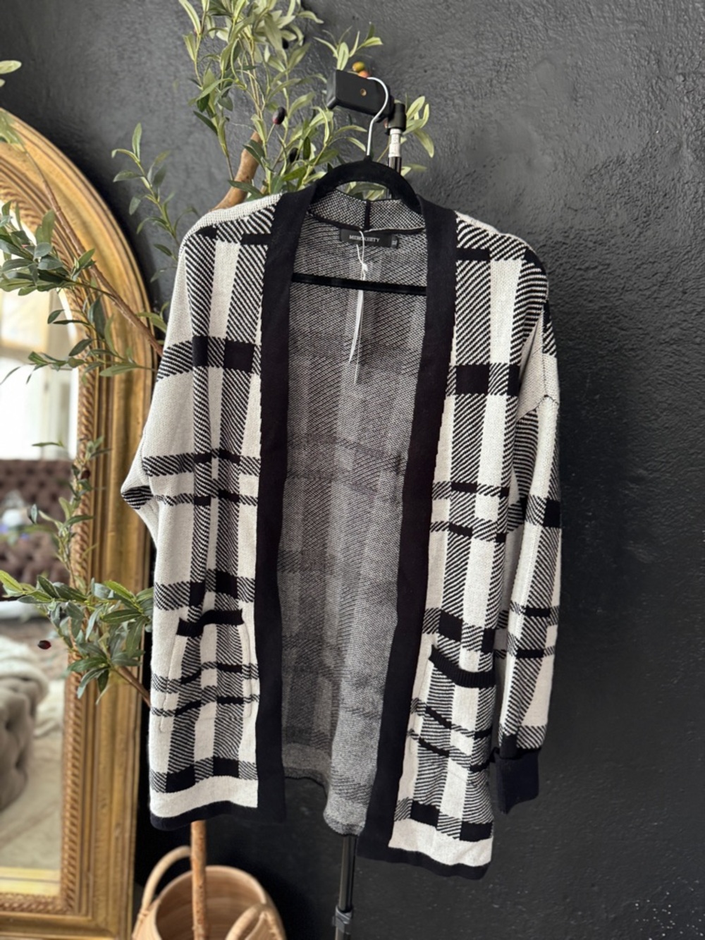 MEROCKETY Black & White Plaid Open Cardigan